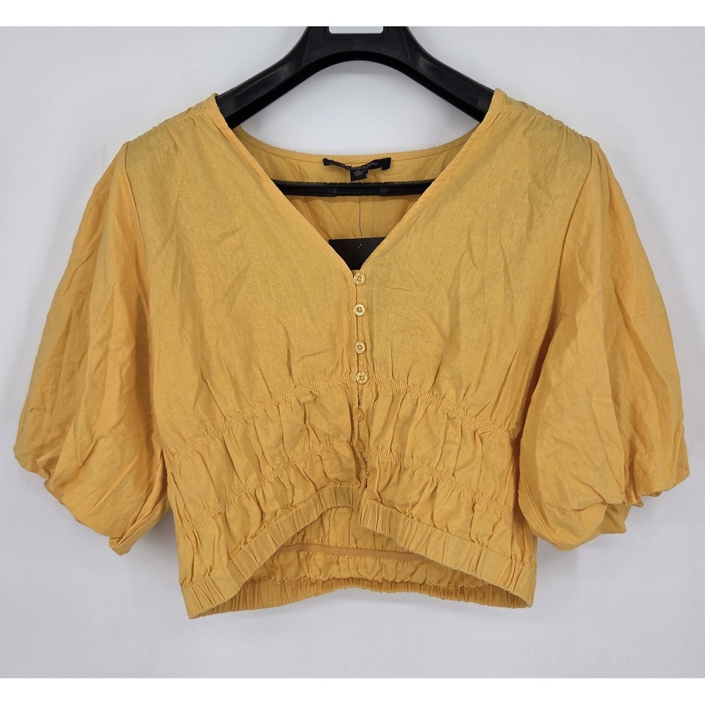 NEW Andrew Marc New York Linen Daffodil V-Neck Blouse Puff Sleeve Size Large NWT